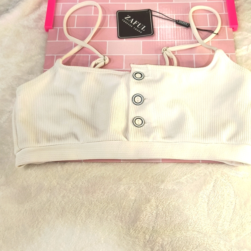 Zaful White Ribbed Swimsuit Top, Size 6, NWT